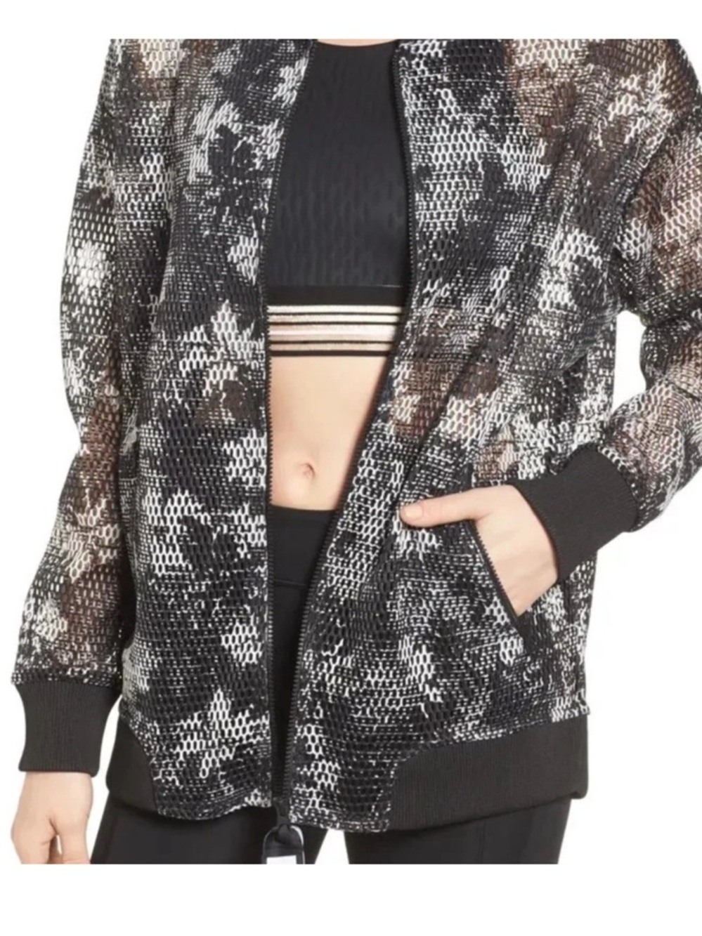 IVY PARK Black & White Pixelated Camo Mesh Bomber Jacket - Size XS